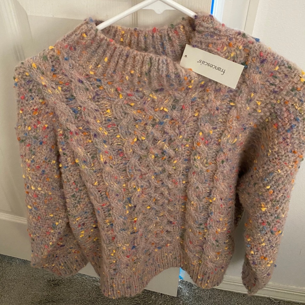 Chunky cable knit sweater, taupe & confetti dots